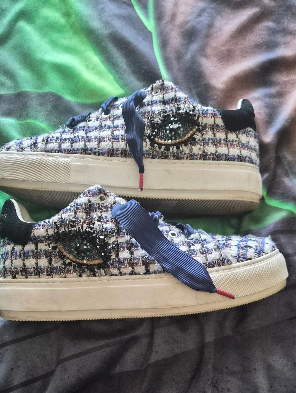Kurt Geiger Blue Multi Tweed Low-Top Sneakers with Beaded Eye Patch